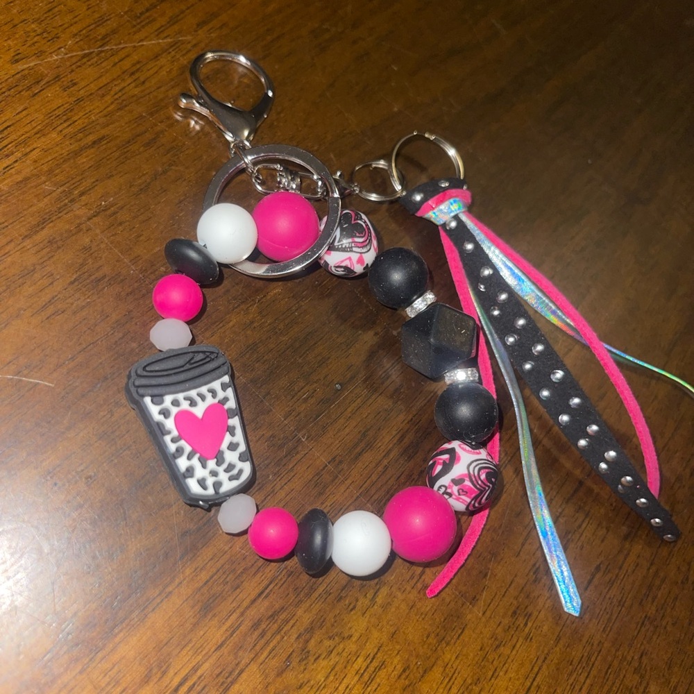 Coffee lover Colorful Beaded Keychain with Heart Charm